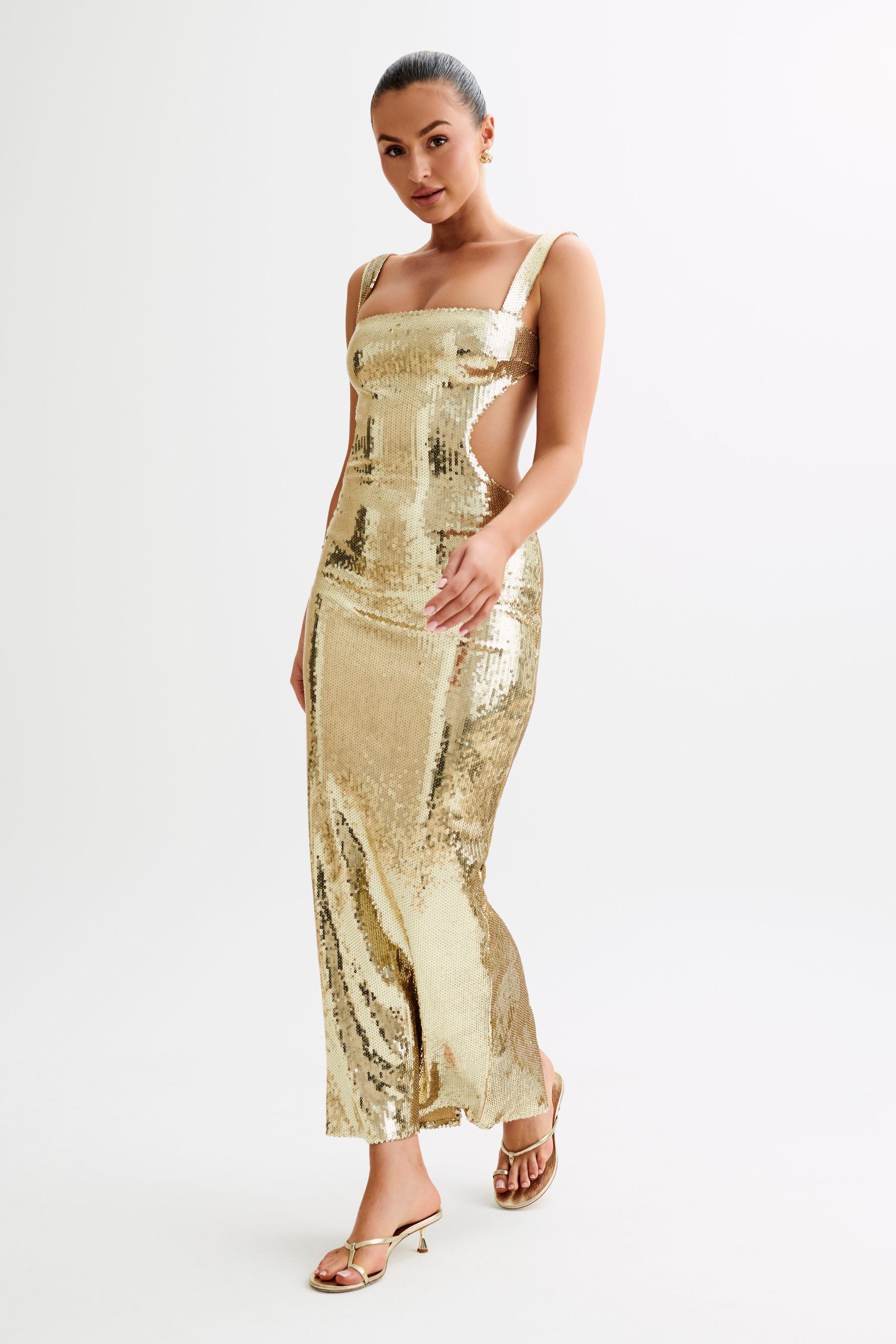 Adoria Sequin Cut Out Maxi Dress - Gold - Image 9