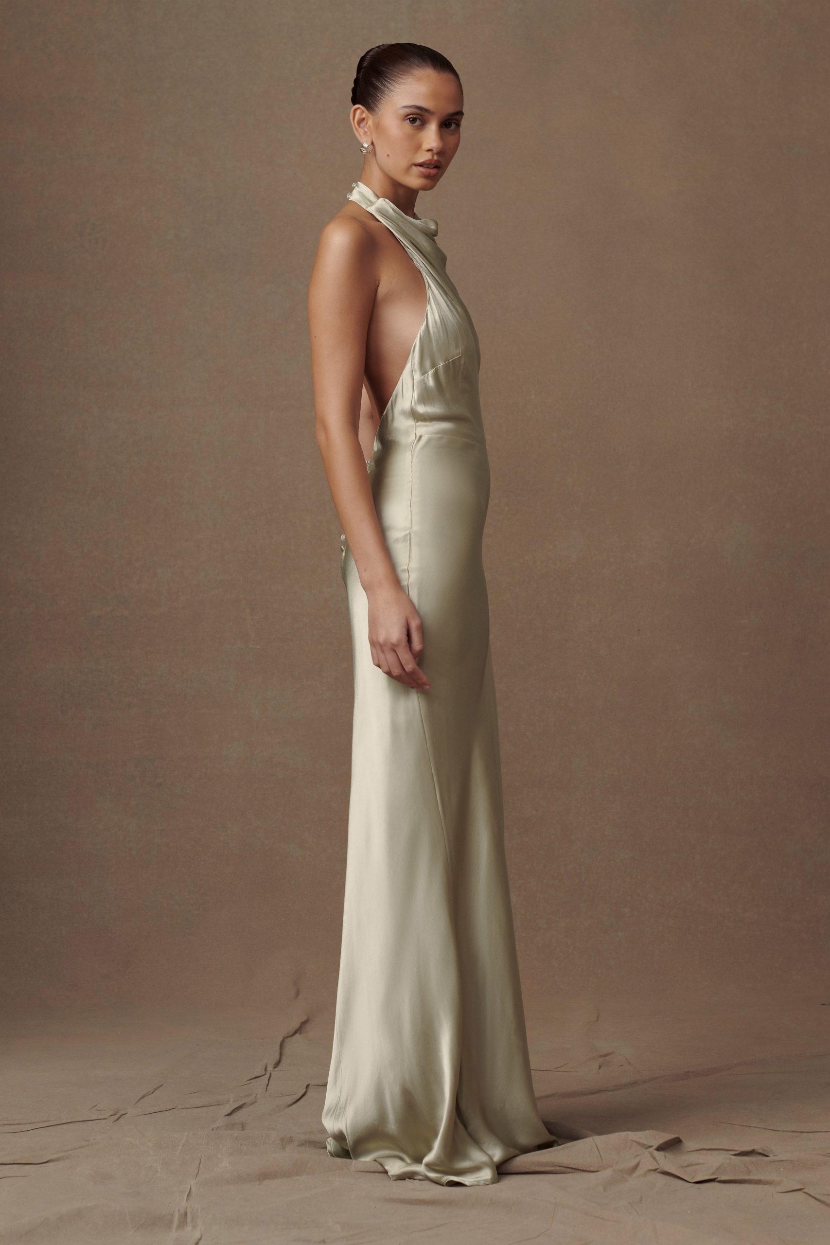 Esther Iridescent Satin Cowl Maxi Dress - Sage - Image 3