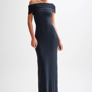 Cassandra Off Shoulder Slinky Maxi Dress - Black