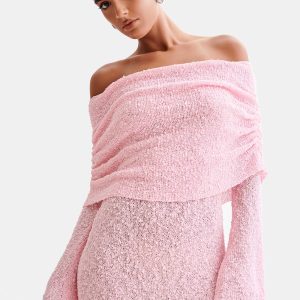 Marisol Off Shoulder Boucle Mini Dress - Baby Pink