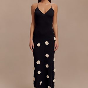 Suki Knit Maxi Dress With Flowers - Black/White