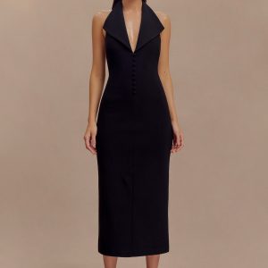 Annita Crepe Halter Midi Dress - Black