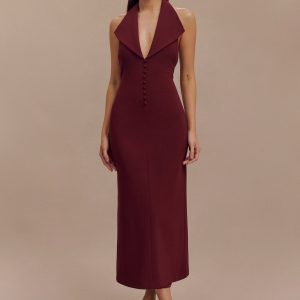 Annita Crepe Halter Midi Dress - Merlot