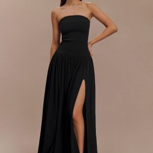 Maureen Cotton Shirring Maxi Dress - Black