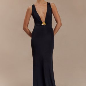 Beck Plunge Maxi Dress With Floral Hardware - Black