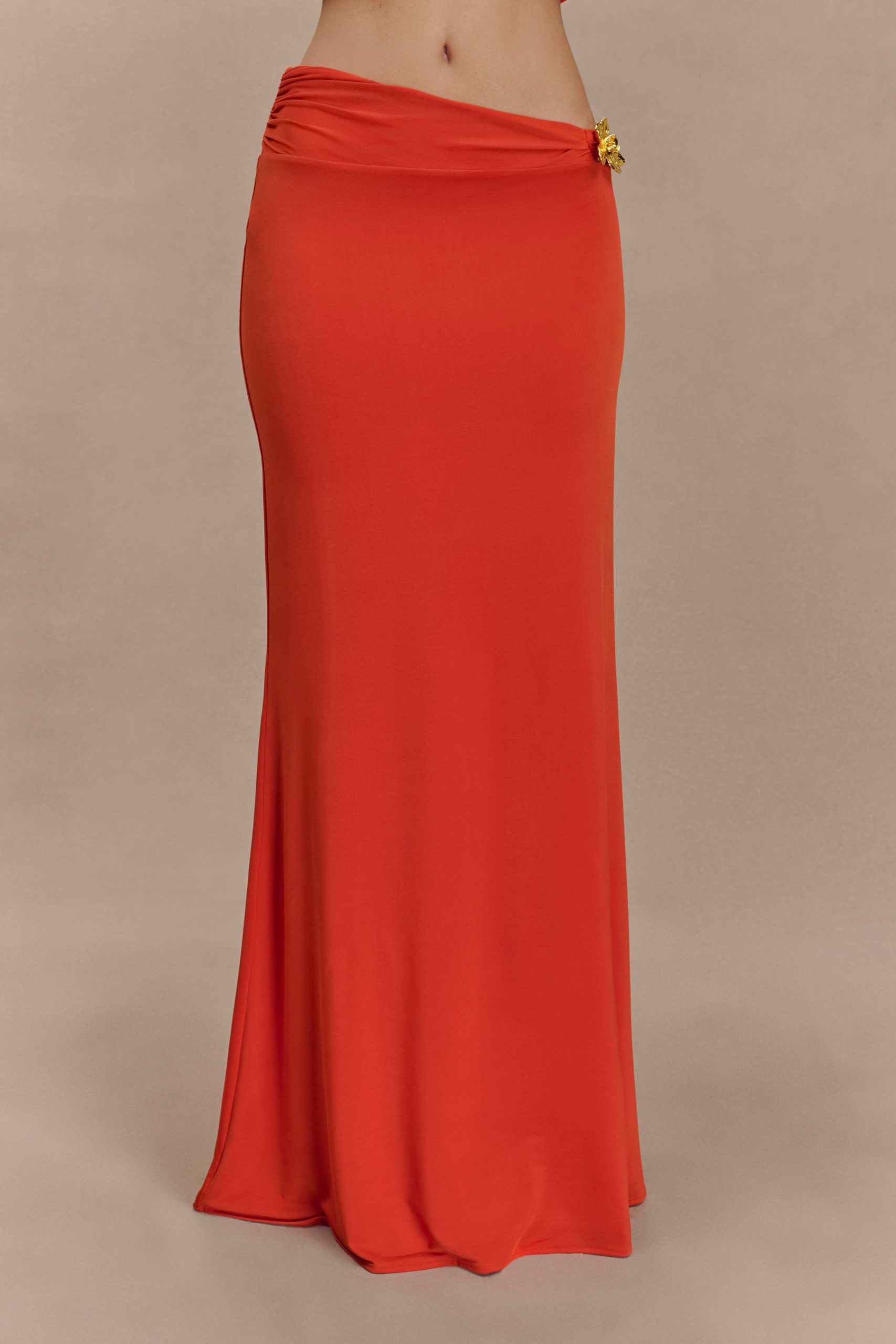 Ainsley Asymmetrical Maxi Skirt With Floral Hardware - Burnt Orange - Image 5