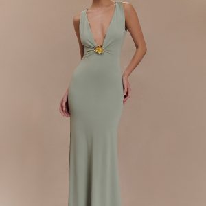 Beck Plunge Maxi Dress With Floral Hardware - Basil