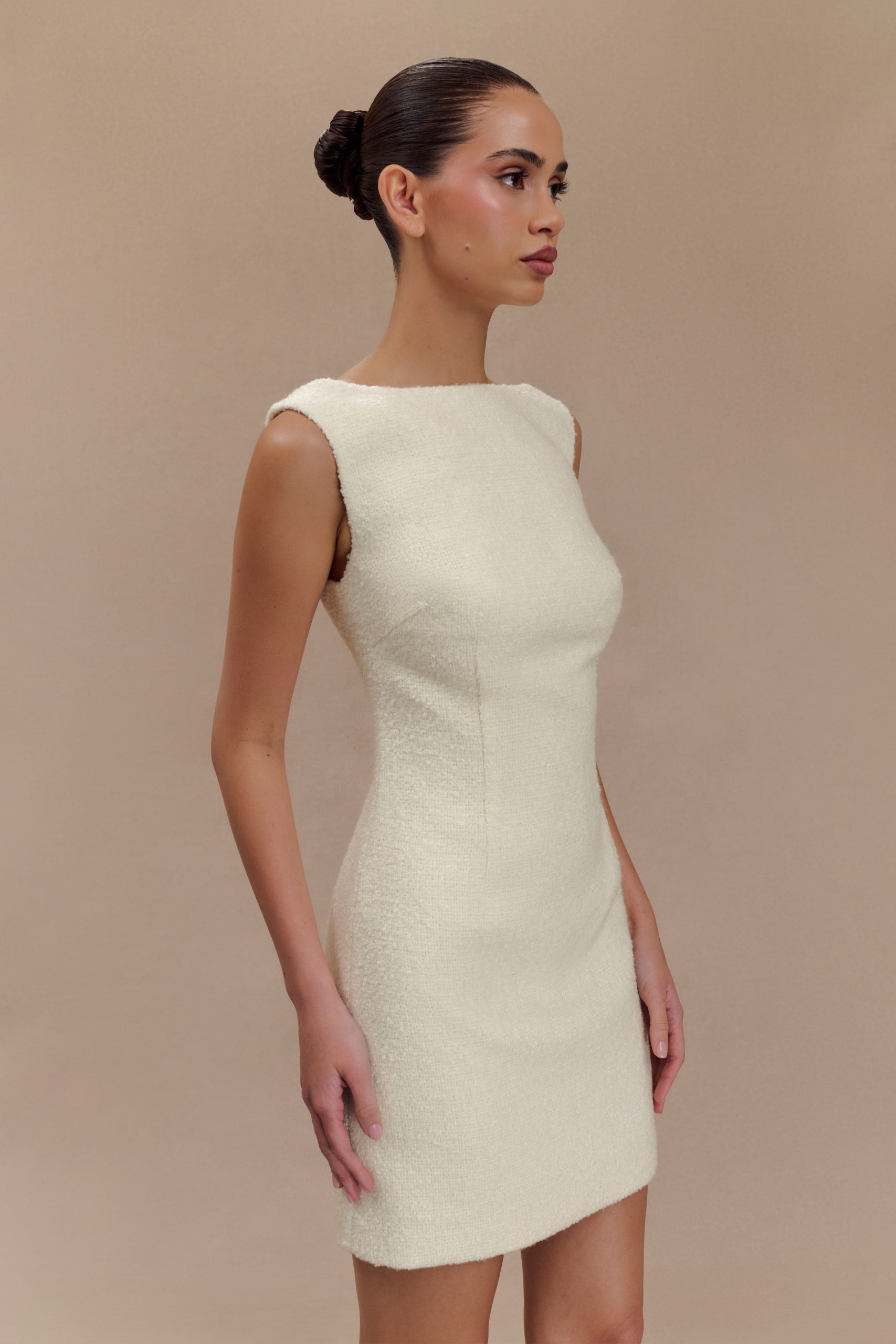 Angela Textured Boucle Mini Dress - Ivory - Image 3