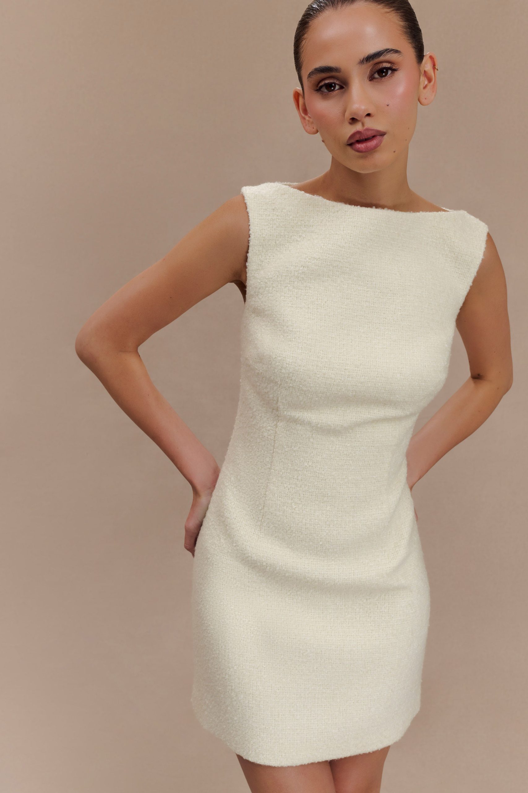 Angela Textured Boucle Mini Dress - Ivory - Image 7