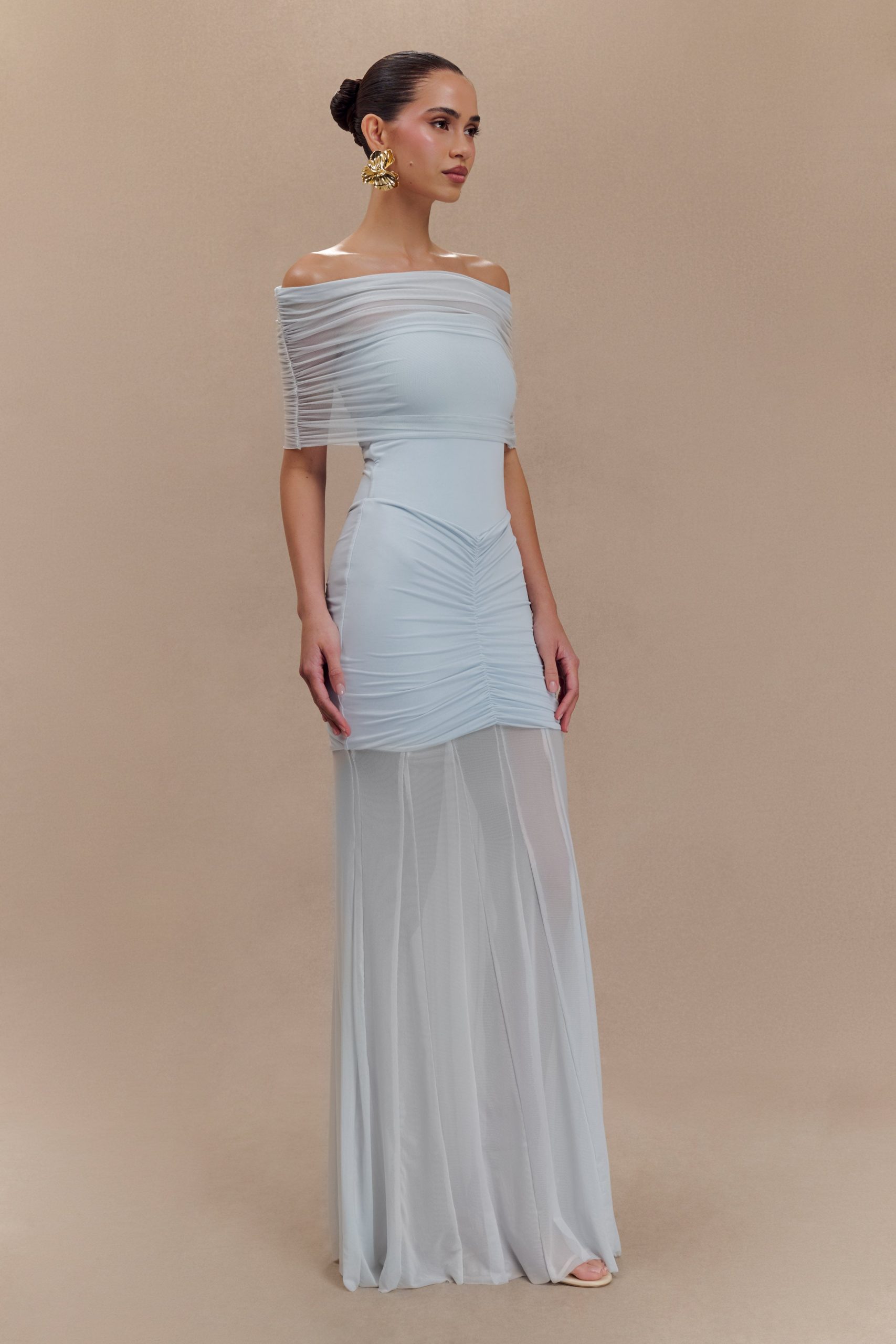 Caspian Slinky And Mesh Off Shoulder Maxi Dress - Pale Blue - Image 4