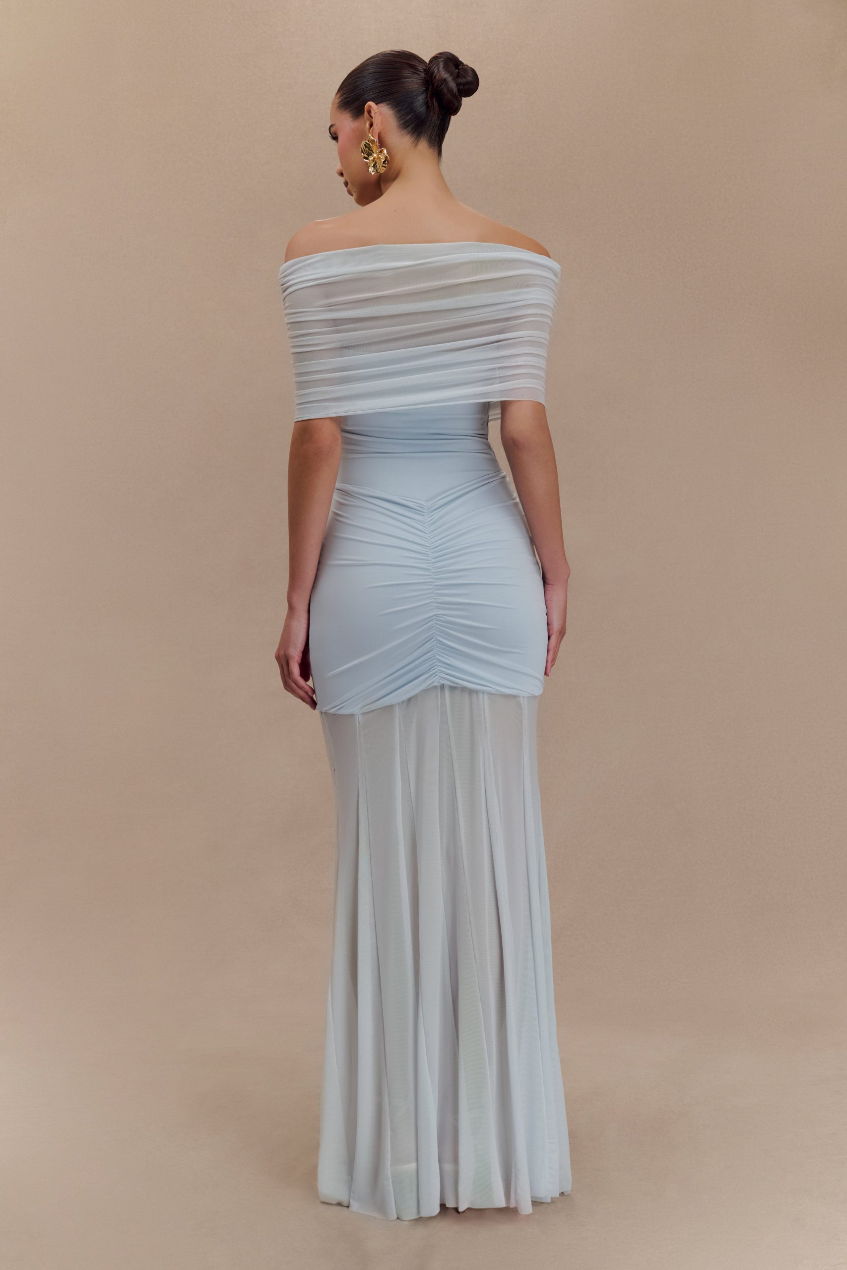 Caspian Slinky And Mesh Off Shoulder Maxi Dress - Pale Blue - Image 2