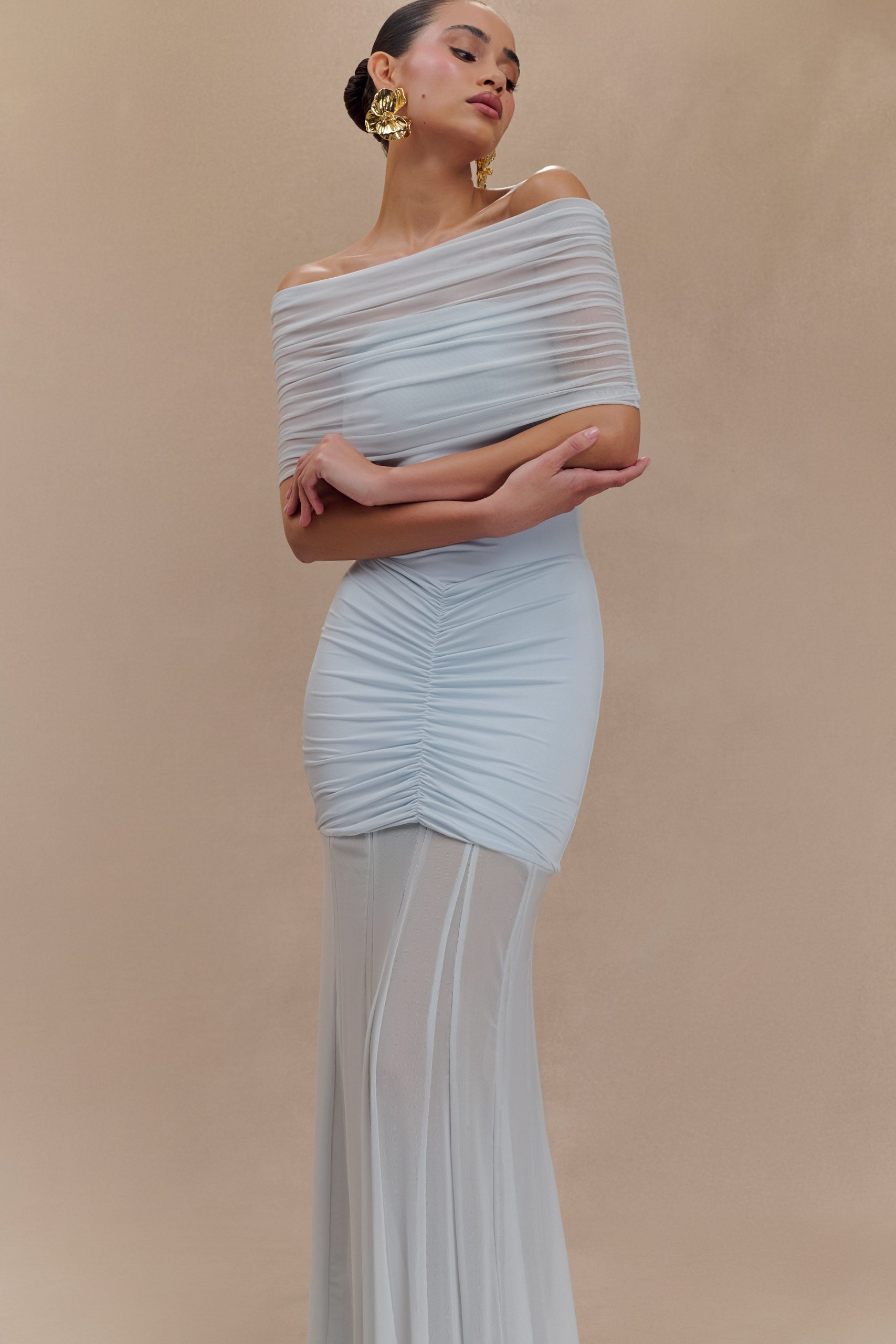 Caspian Slinky And Mesh Off Shoulder Maxi Dress - Pale Blue - Image 6
