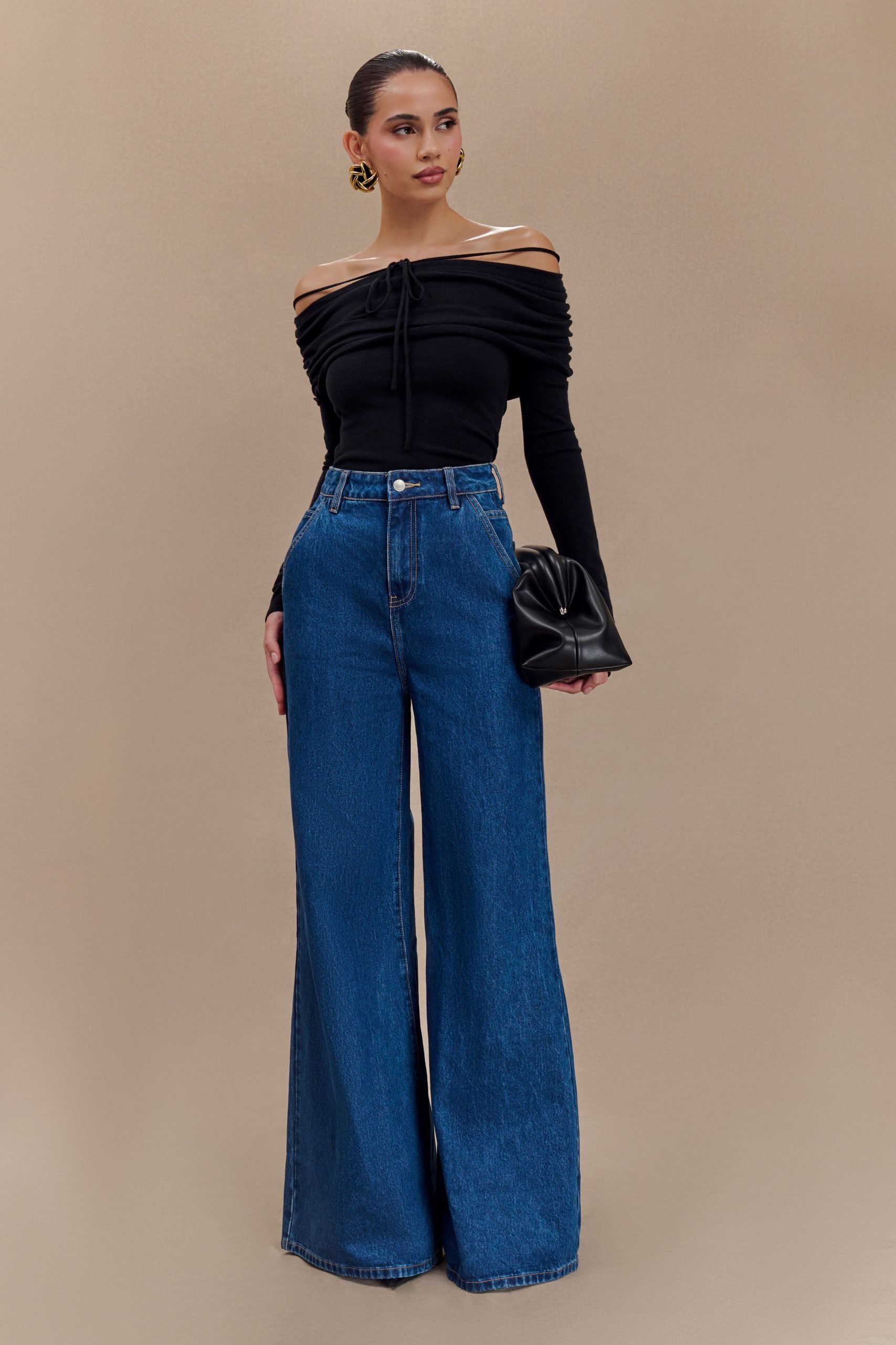 Jen Wide Leg Flare Denim Jeans - Dark Blue - Image 4