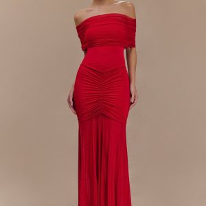 Caspian Slinky And Mesh Off Shoulder Maxi Dress - Ruby