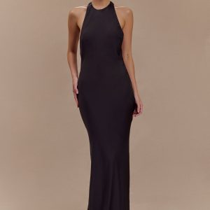 Rinna Satin Halter Maxi Dress - Black