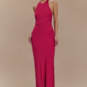 Rinna Satin Halter Maxi Dress - Pink Cherry