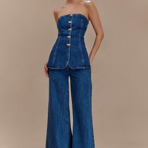Jen Wide Leg Flare Denim Jeans - Dark Blue