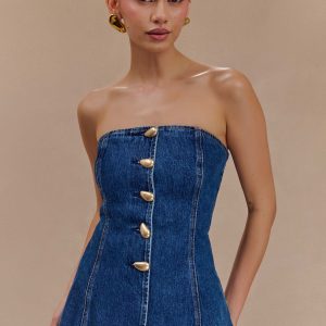 Lennox Strapless Long Line Button Top - Dark Blue