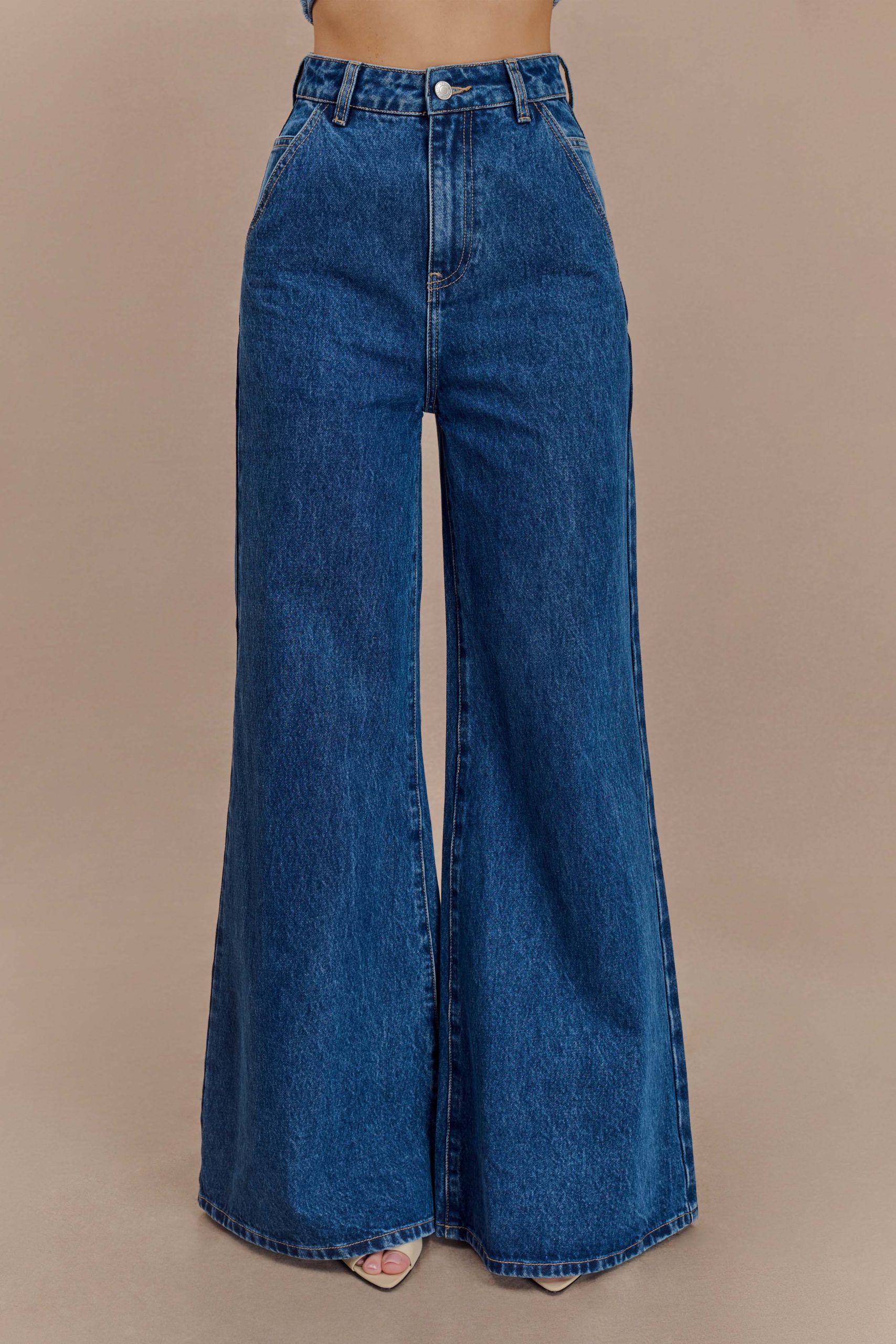 Jen Wide Leg Flare Denim Jeans - Dark Blue - Image 2