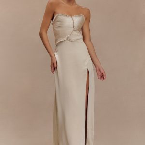 Larissa Satin Maxi Dress With Ruched Petals - Blush Gold