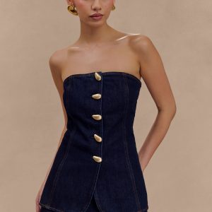 Lennox Strapless Long Line Button Top - Indigo Blue