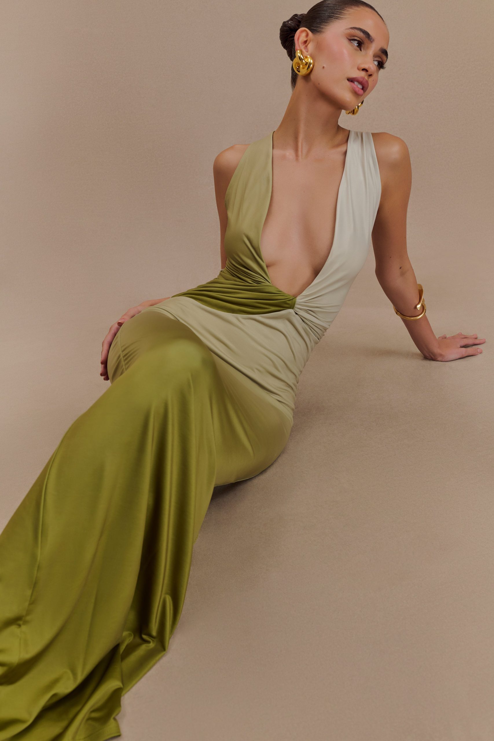Stella Draped Slinky Maxi Dress - Ombre Vintage Olive - Image 5
