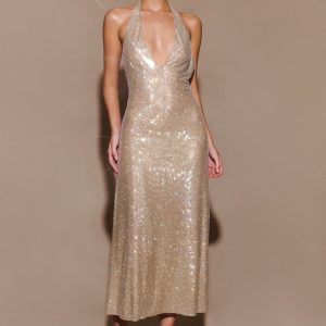 Genie Diamante Halter Midi Dress - Nude