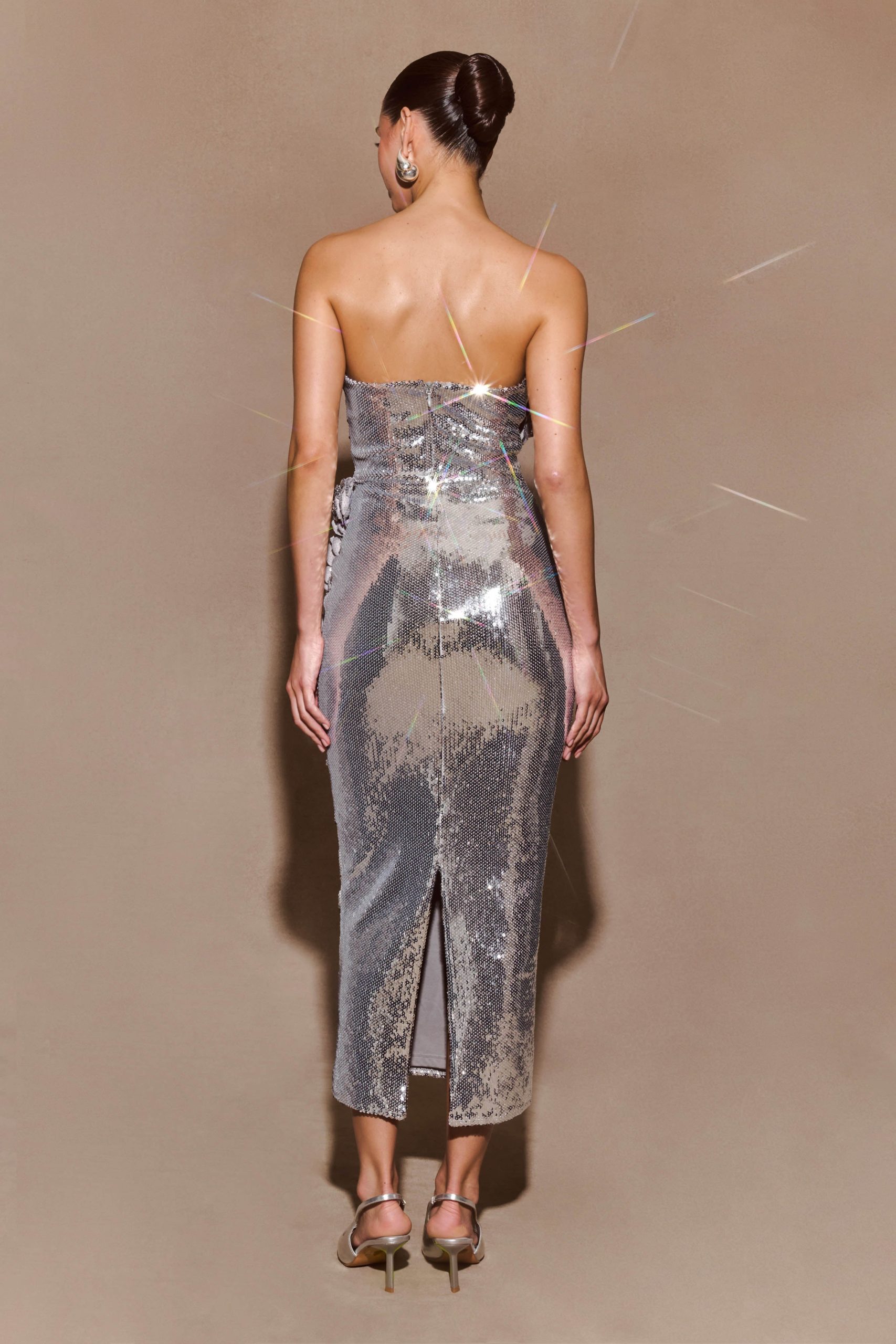 Cassia Strapless Sequin Rose Midi Dress - Silver - Image 2