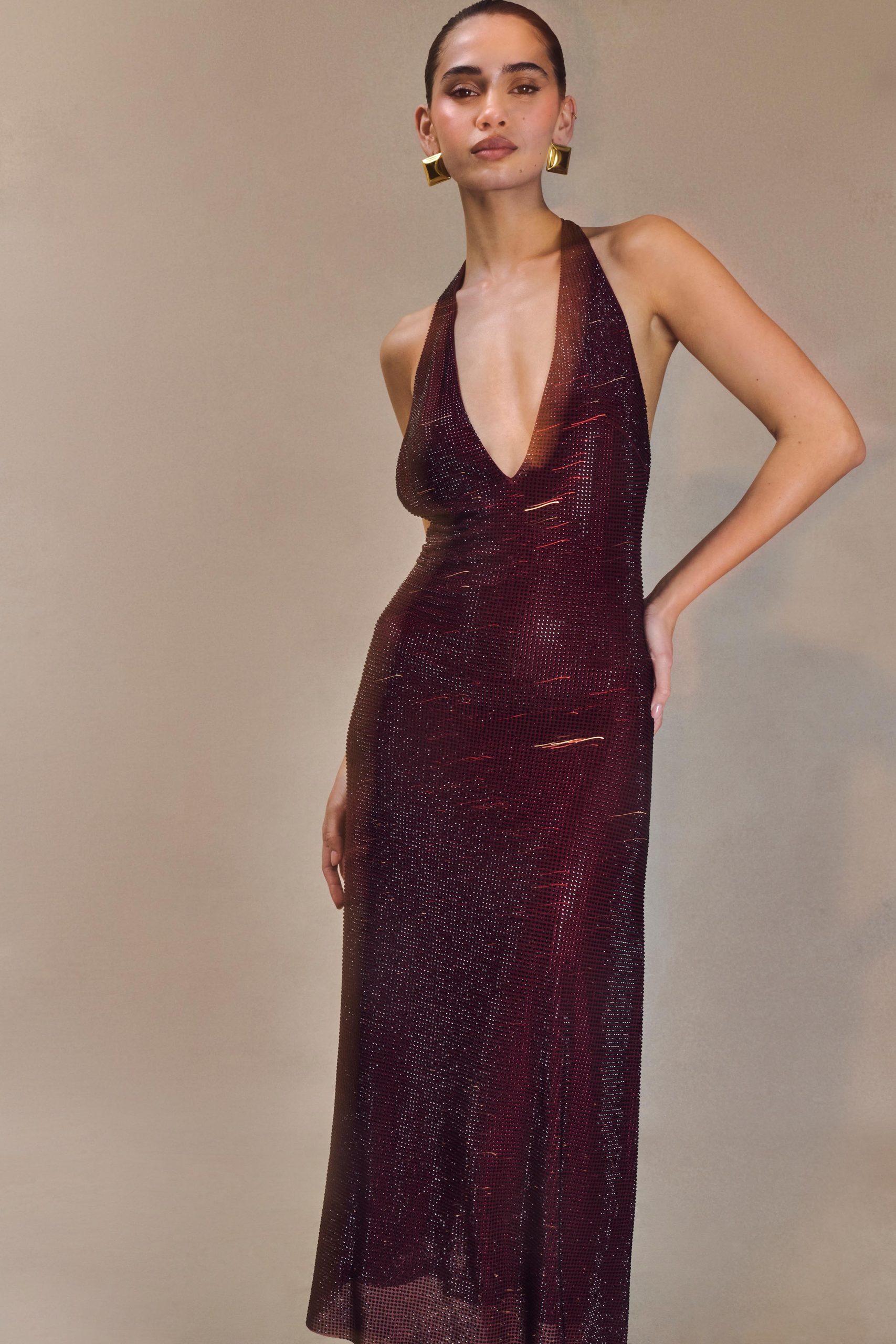Genie Diamante Halter Midi Dress - Mahogany - Image 3