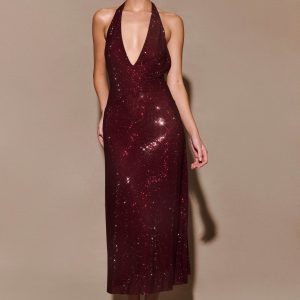 Genie Diamante Halter Midi Dress - Mahogany