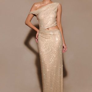 Kenny Diamante One Shoulder Maxi Dress - Gold