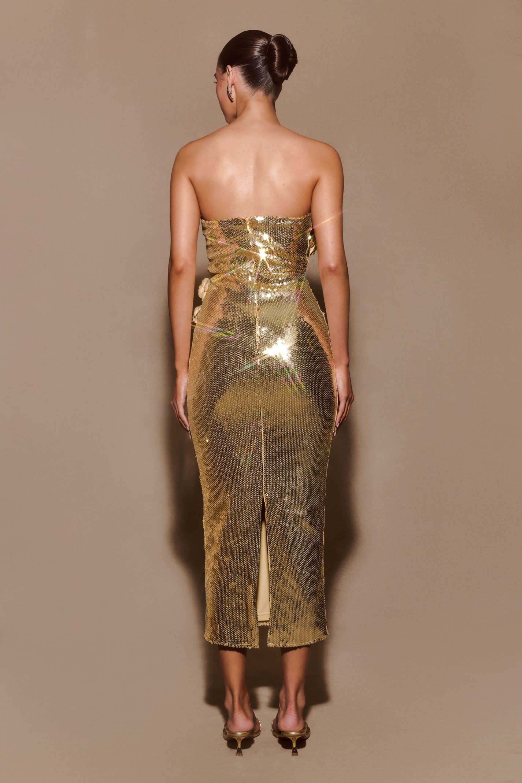 Cassia Strapless Sequin Rose Midi Dress - Gold - Image 3