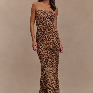 Breanna Strapless Chiffon Maxi Dress - Leopard Print