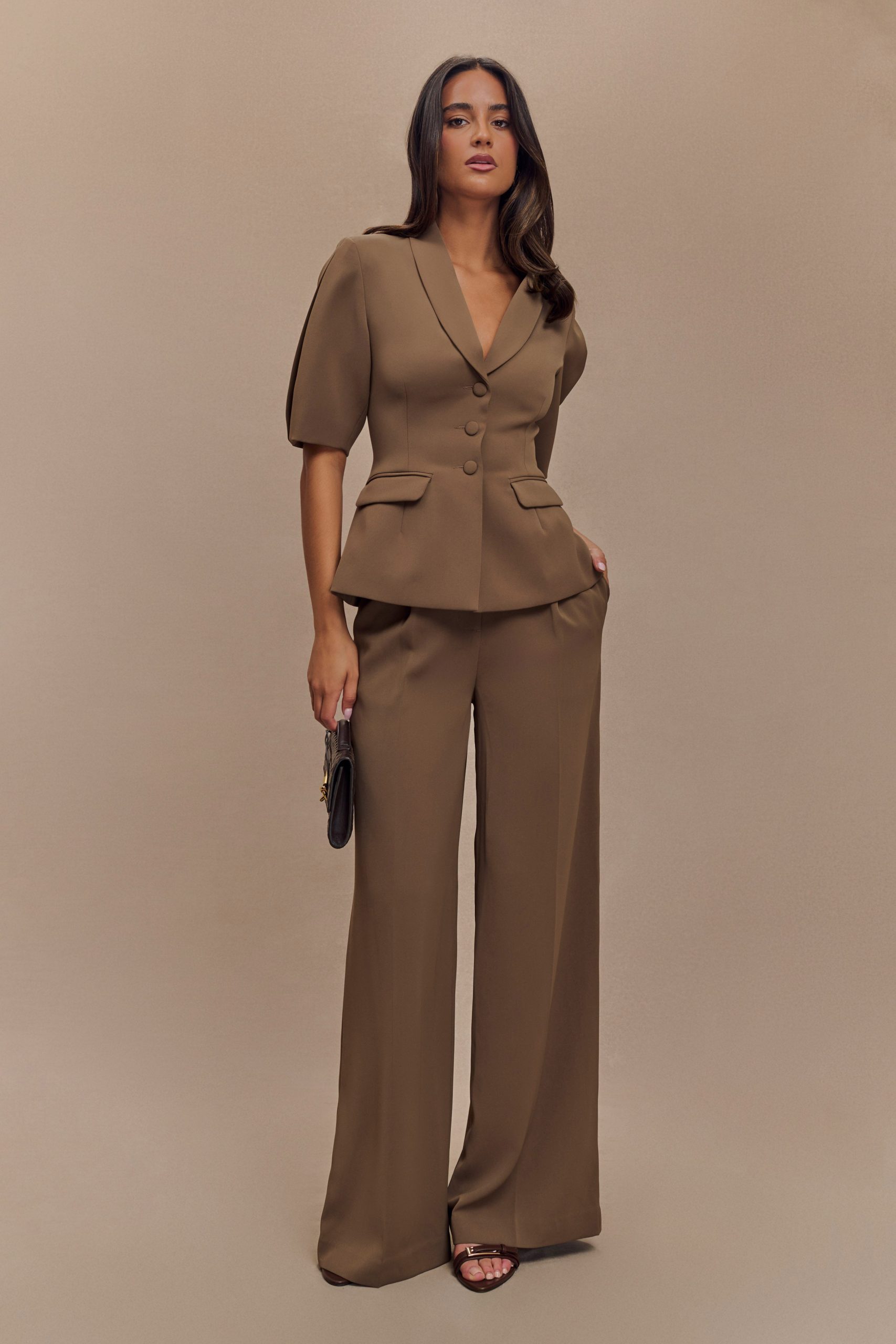 Opal Puff Sleeve Suiting Top - Cacao Brown - Image 4