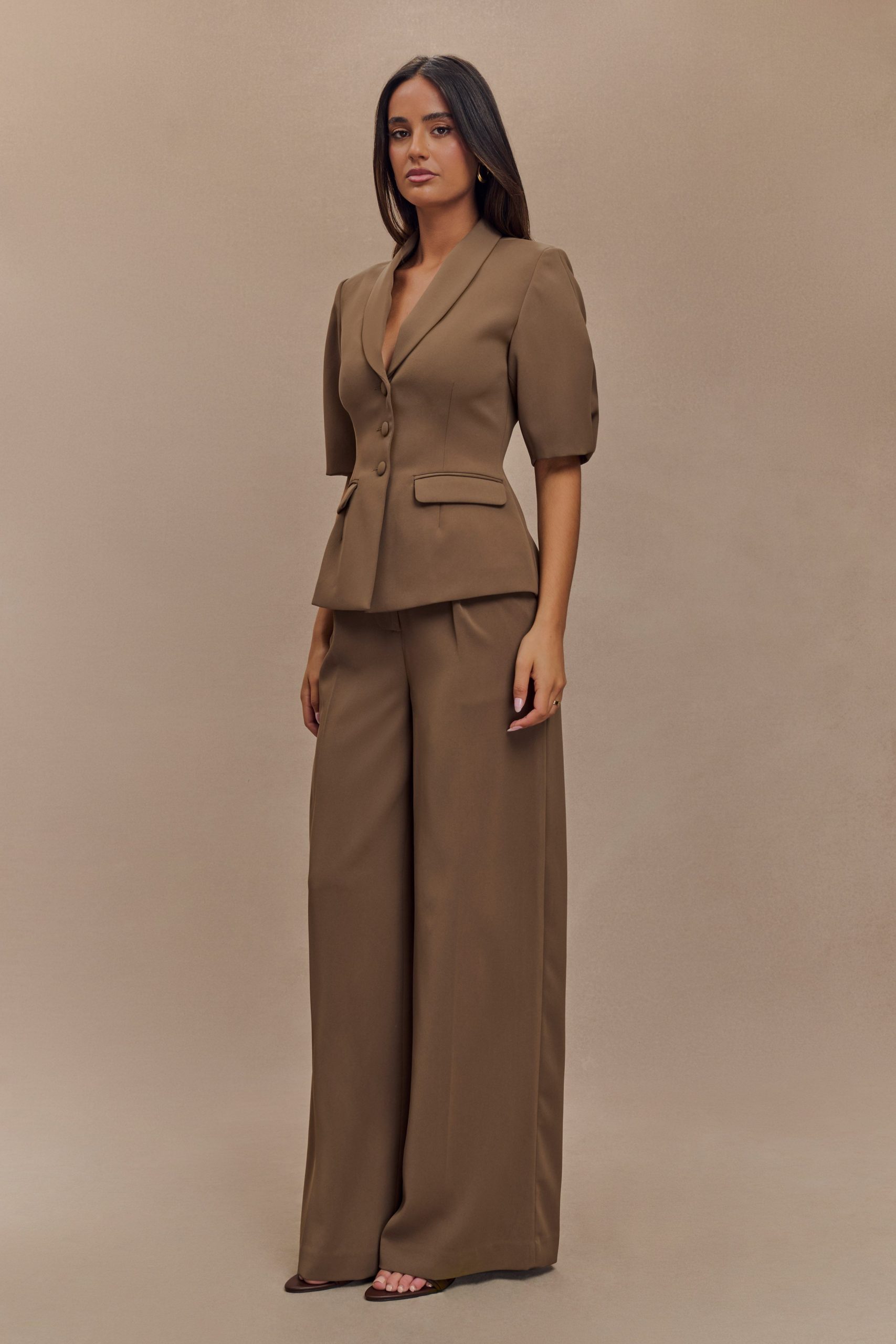 Opal Puff Sleeve Suiting Top - Cacao Brown - Image 5