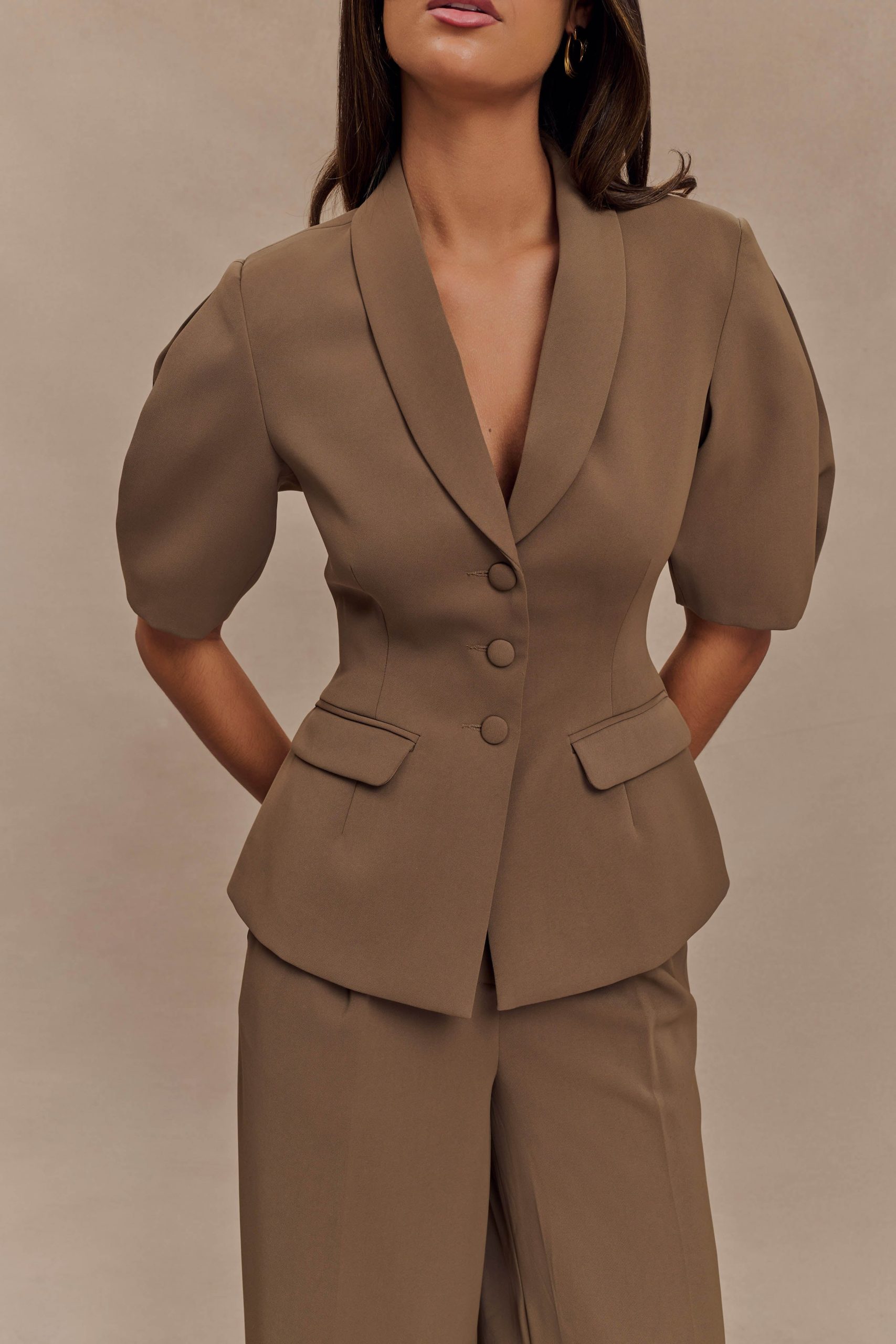 Opal Puff Sleeve Suiting Top - Cacao Brown - Image 7