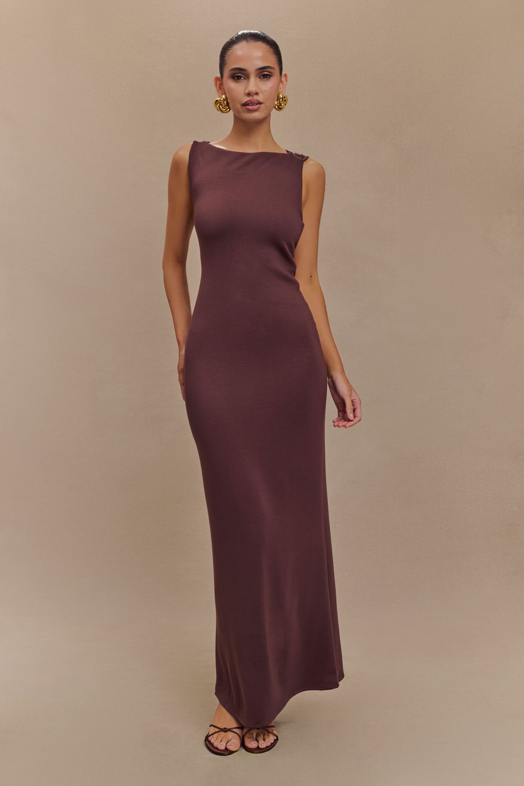 Catelyn Asymmetrical Scuba Jersey Midi Dress - Cacao Brown - Image 2