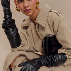 Jasper Faux Leather Elbow Length Gloves - Black