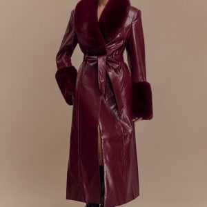 Bec Faux Leather Trench Coat With Faux Fur - Cherry Red
