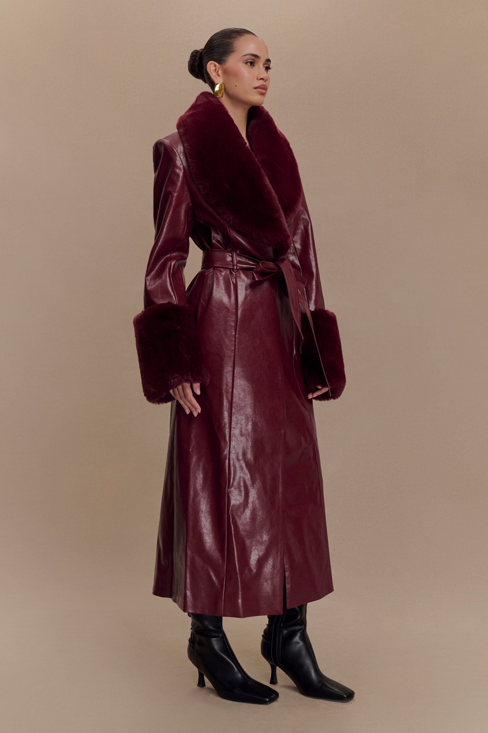 Bec Faux Leather Trench Coat With Faux Fur - Cherry Red - Image 4