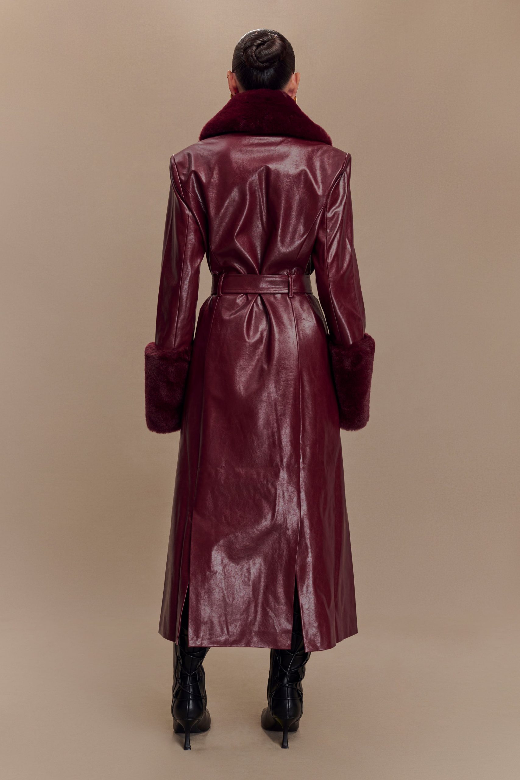 Bec Faux Leather Trench Coat With Faux Fur - Cherry Red - Image 2