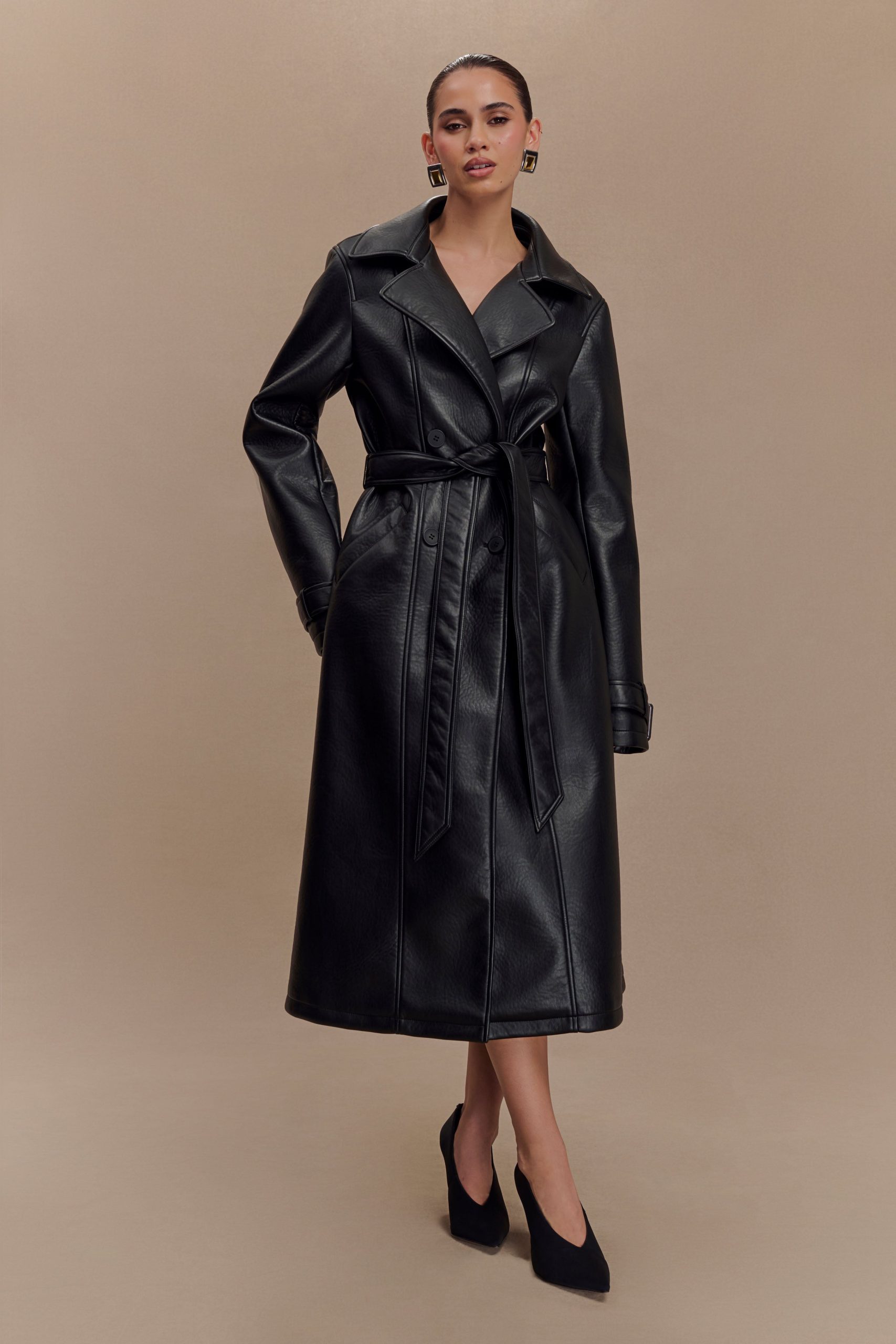 Tarah Faux Leather Trench Coat - Black - Image 4