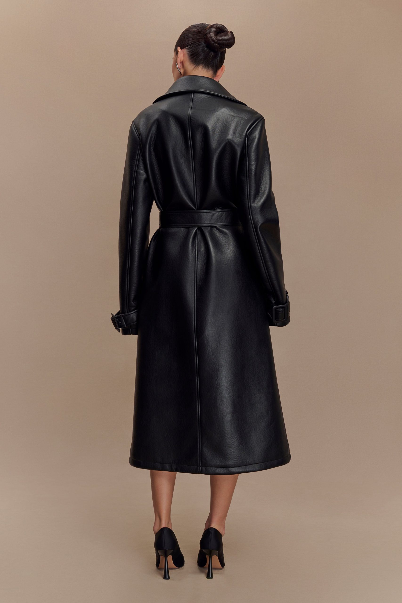 Tarah Faux Leather Trench Coat - Black - Image 5