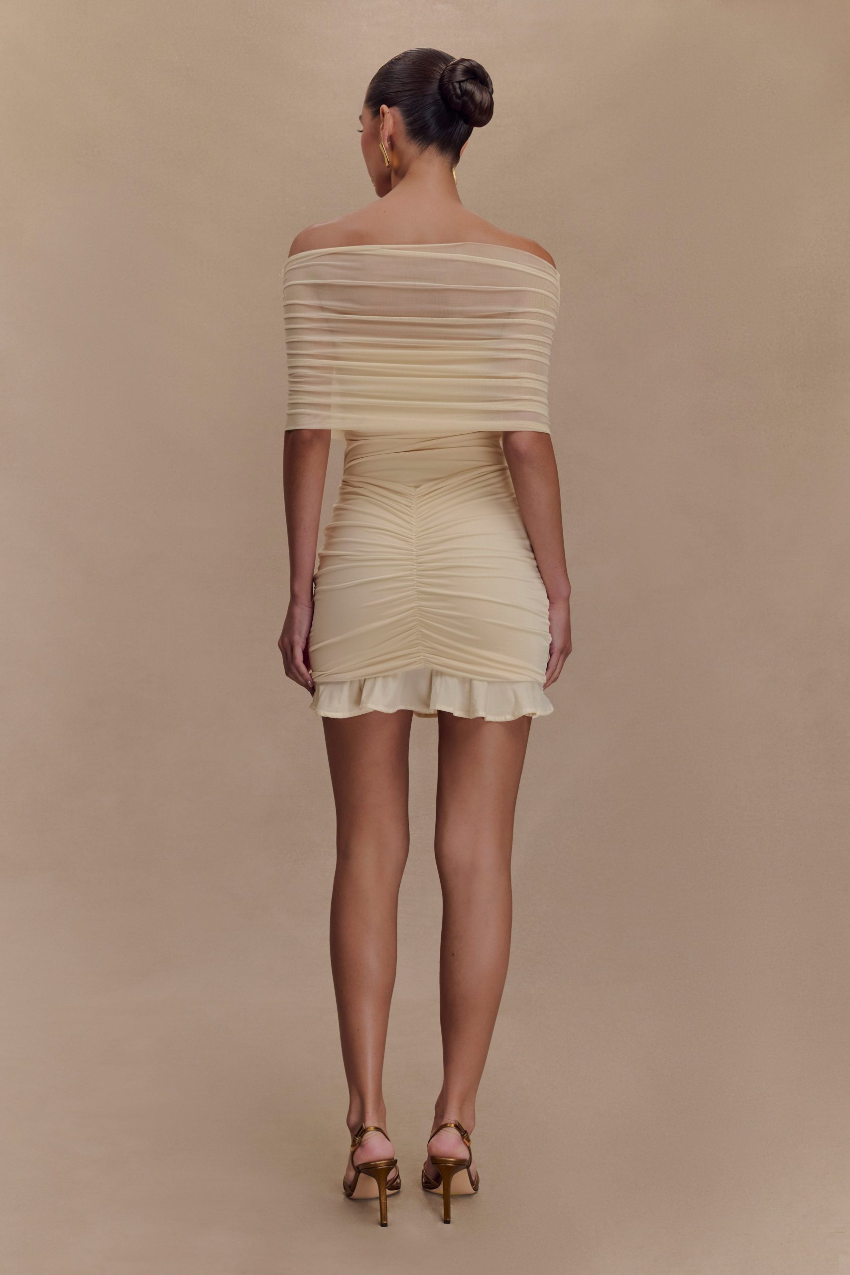 Caspian Slinky And Mesh Off Shoulder Mini Dress - Ivory - Image 2