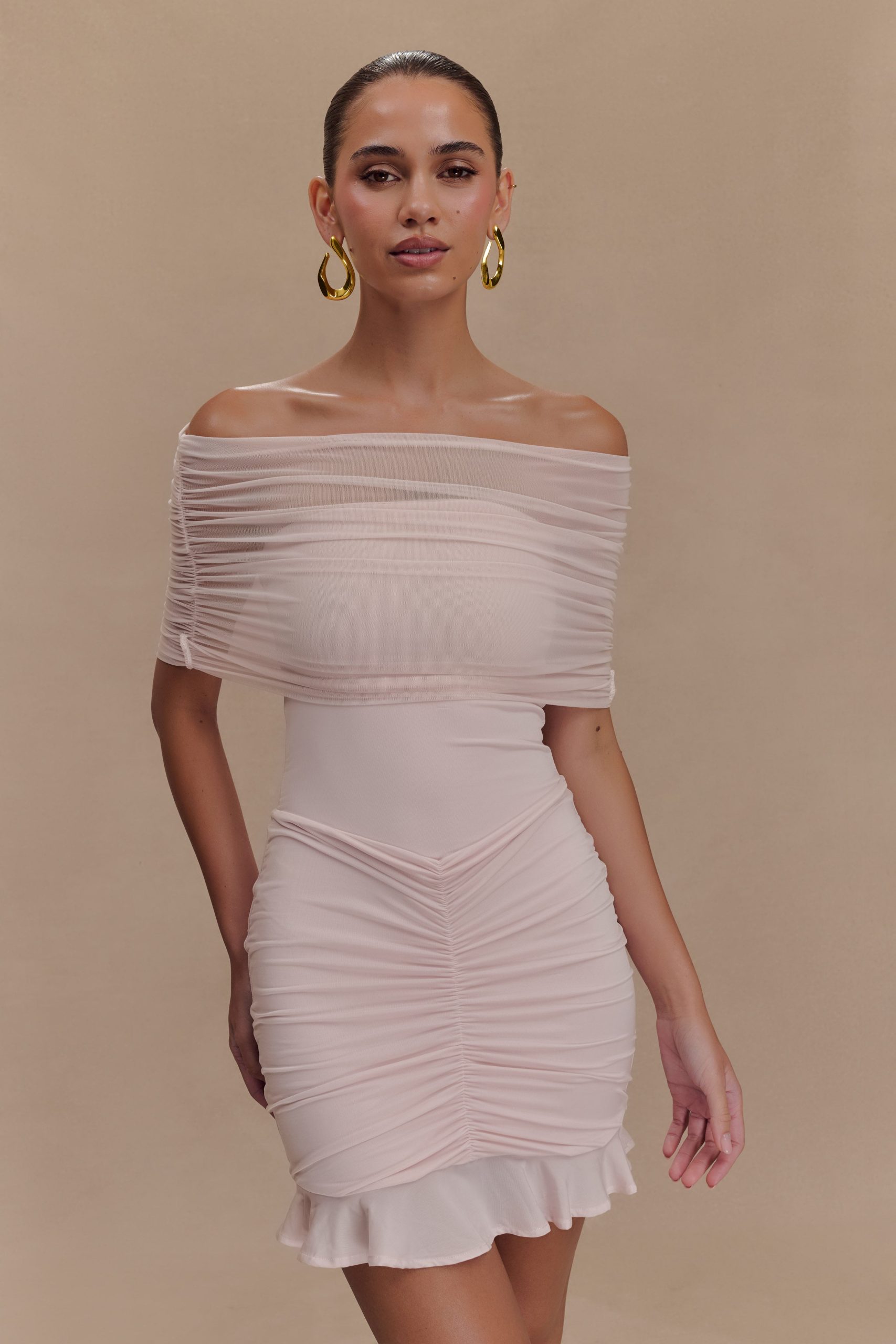 Caspian Slinky And Mesh Off Shoulder Mini Dress - Pale Pink - Image 6