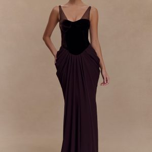 Roxanne Velvet Corset Maxi Dress - Cacao Brown