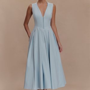 Keely Cotton Sleeveless Midi Dress - Sky Blue