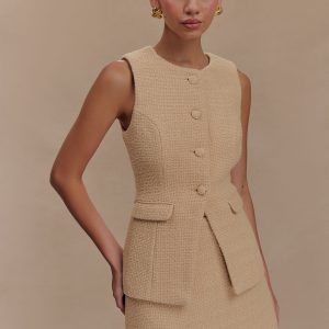 Camilla Boucle Sleeveless Vest - Light Taupe