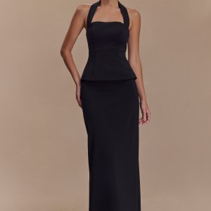 Bertie Peplum Halter Maxi Dress - Black