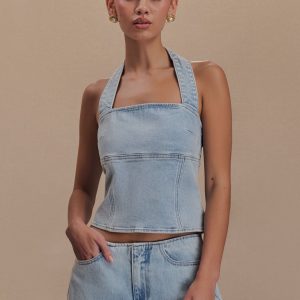 Dayna Denim Halter Top - Light Blue